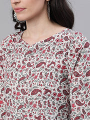 Women White Ethnic Motifs Printed V-Neck Cotton Maxi Dress With Dupatta