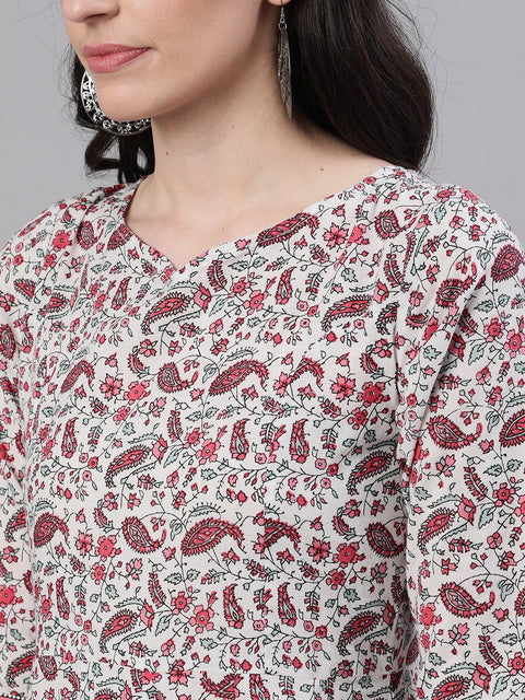 Women White Ethnic Motifs Printed V-Neck Cotton Maxi Dress With Dupatta