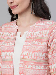 Women White Calf Length Three-Quarter Sleeves Straight Quirky Printed Viscose Rayon Kurta with Jacket