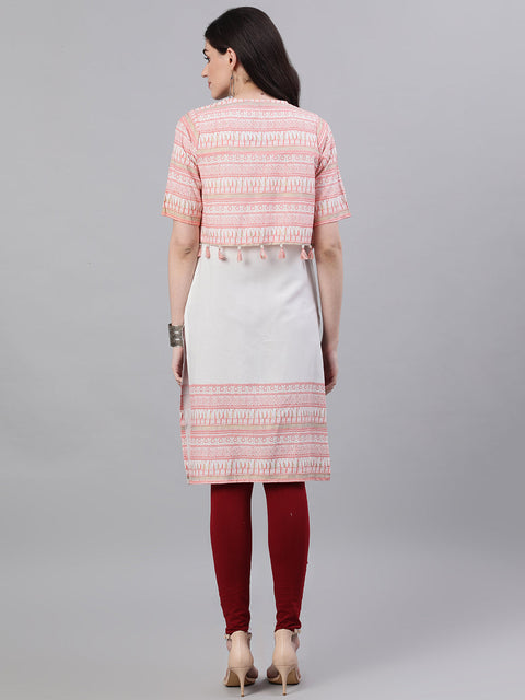 Women White Calf Length Three-Quarter Sleeves Straight Quirky Printed Viscose Rayon Kurta with Jacket