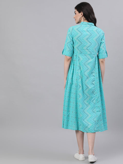 Women Blue Chevron Printed Shirt Collar Cotton Maxi Dress