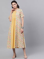 Women Beige Ethnic Motifs Printed Round Neck Cotton A-Line Dress with Shrug