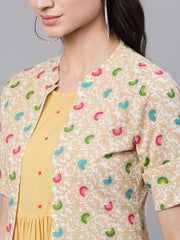 Women Beige Ethnic Motifs Printed Round Neck Cotton A-Line Dress with Shrug