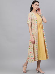 Women Beige Ethnic Motifs Printed Round Neck Cotton A-Line Dress with Shrug
