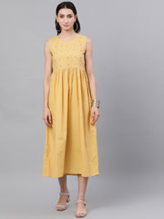 Women Beige Ethnic Motifs Printed Round Neck Cotton A-Line Dress with Shrug