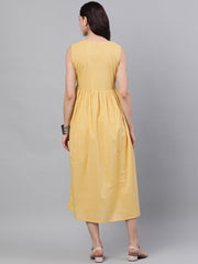 Women Beige Ethnic Motifs Printed Round Neck Cotton A-Line Dress with Shrug