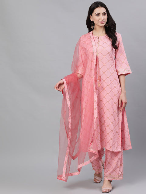 Women Peach Three-Quarter Sleeves Straight Kurta Palazzo With Dupatta