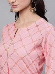 Women Peach Three-Quarter Sleeves Straight Kurta Palazzo With Dupatta