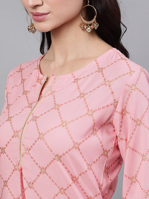 Women Peach Three-Quarter Sleeves Straight Kurta Palazzo With Dupatta