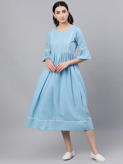 Women Blue Polka Dots Printed Round Neck Cotton Maxi Dress