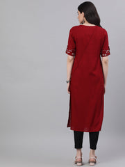 Women Maroon Calf Length Three-Quarter Sleeves Straight Woven Design Printed Viscose Rayon Kurta