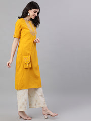 Women Mustard Calf Length Three-Quarter Sleeves Straight Woven Design Solid Cotton Kurta