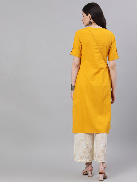 Women Mustard Calf Length Three-Quarter Sleeves Straight Woven Design Solid Cotton Kurta