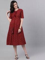 Women Maroon Polka Dots Printed Tie-Up Neck Polyester A-Line Dress