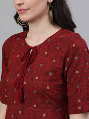 Women Maroon Polka Dots Printed Tie-Up Neck Polyester A-Line Dress