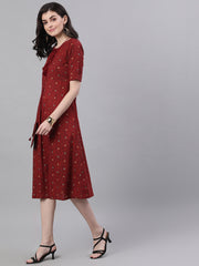 Women Maroon Polka Dots Printed Tie-Up Neck Polyester A-Line Dress