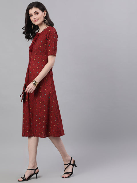 Women Maroon Polka Dots Printed Tie-Up Neck Polyester A-Line Dress