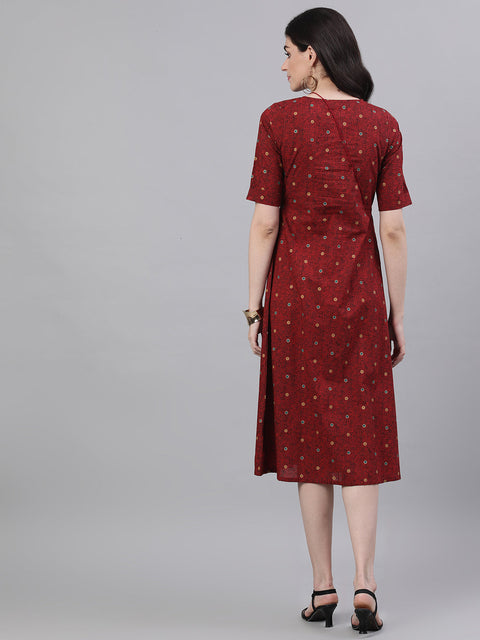Women Maroon Polka Dots Printed Tie-Up Neck Polyester A-Line Dress