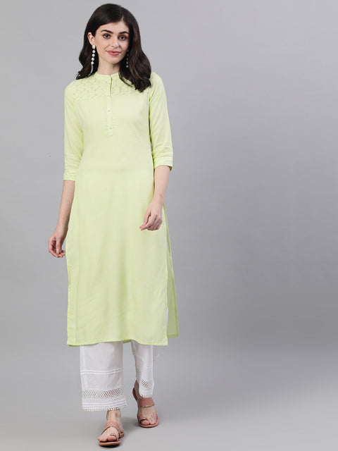 Women Lime Green Calf Length Three-Quarter Sleeves Straight Solid Solid Viscose Rayon Kurta