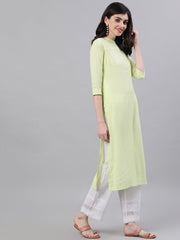 Women Lime Green Calf Length Three-Quarter Sleeves Straight Solid Solid Viscose Rayon Kurta