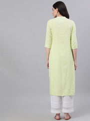 Women Lime Green Calf Length Three-Quarter Sleeves Straight Solid Solid Viscose Rayon Kurta