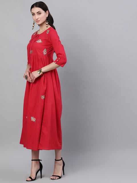Women Red Floral Embroidered V-Neck Cotton Maxi Dress With Dupatta