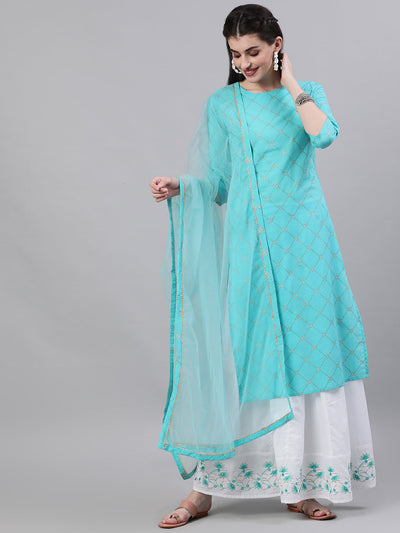 Women SkyBlue Three-Quarter Sleeves Straight Kurta Skirt Set With Dupatta
