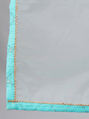 Women SkyBlue Three-Quarter Sleeves Straight Kurta Skirt Set With Dupatta