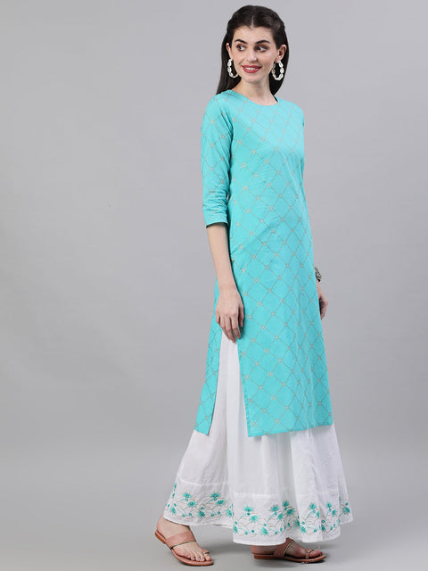 Women SkyBlue Three-Quarter Sleeves Straight Kurta Skirt Set With Dupatta