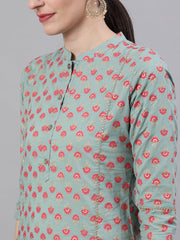 Women Light Green Three-Quarter Sleeves Straight Kurta Skirt Set With Dupatta