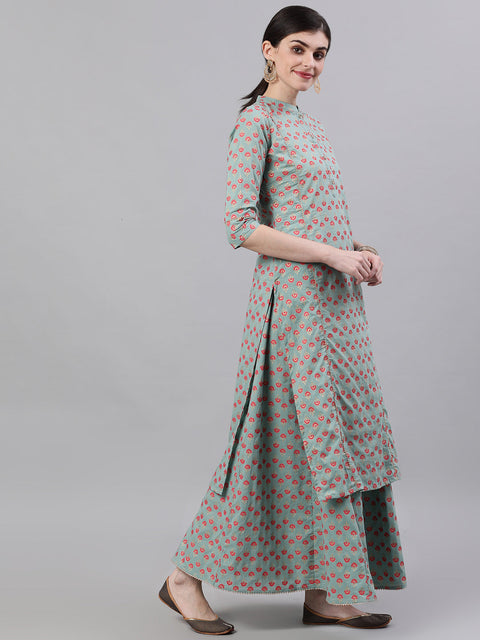 Women Light Green Three-Quarter Sleeves Straight Kurta Skirt Set With Dupatta