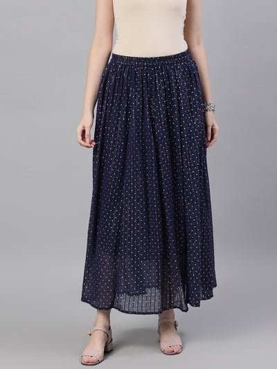 Women Navy blue polka dot printed maxi skirt