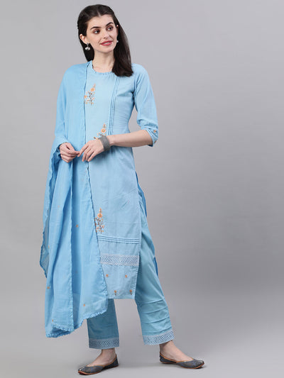Women Light blue Three-Quarter Sleeves Flared Kurta Palazzo With Dupatta
