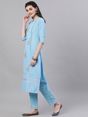 Women Light blue Three-Quarter Sleeves Flared Kurta Palazzo With Dupatta