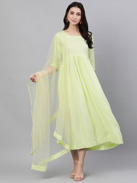 Women Light neon green Solid Embroidered Round Neck Viscose Rayon Maxi Dress With Dupatta