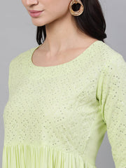 Women Light neon green Solid Embroidered Round Neck Viscose Rayon Maxi Dress With Dupatta