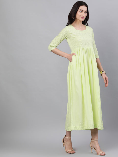 Women Light neon green Solid Embroidered Round Neck Viscose Rayon Maxi Dress With Dupatta