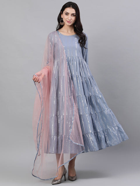 Women Light Grey Solid Solid Round Neck Cotton Maxi Dress