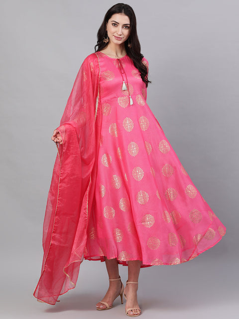 Women Pink Ethnic Motifs Printed Tie-Up Neck Cotton Maxi Dress With Dupatta