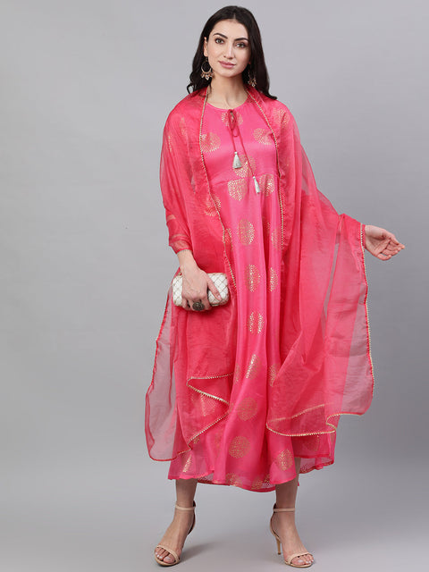Women Pink Ethnic Motifs Printed Tie-Up Neck Cotton Maxi Dress With Dupatta