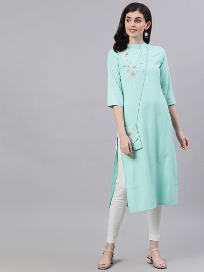 Women Light Blue Calf Length Three-Quarter Sleeves Straight Abstract Embroidered Viscose Rayon Kurta