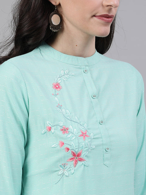 Women Light Blue Calf Length Three-Quarter Sleeves Straight Abstract Embroidered Viscose Rayon Kurta