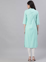 Women Light Blue Calf Length Three-Quarter Sleeves Straight Abstract Embroidered Viscose Rayon Kurta