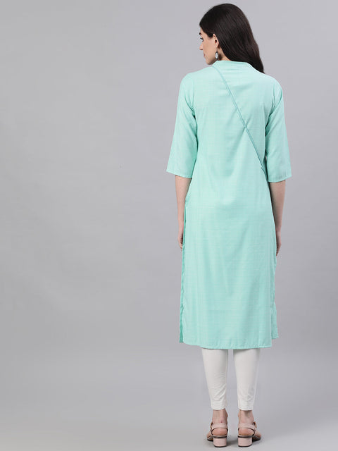 Women Light Blue Calf Length Three-Quarter Sleeves Straight Abstract Embroidered Viscose Rayon Kurta