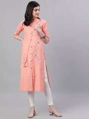 Women Peach Calf Length Three-Quarter Sleeves Straight Abstract Embroidered Viscose Rayon Kurta
