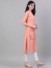 Women Peach Calf Length Three-Quarter Sleeves Straight Abstract Embroidered Viscose Rayon Kurta