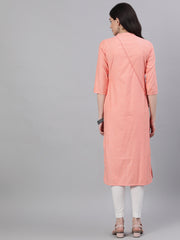 Women Peach Calf Length Three-Quarter Sleeves Straight Abstract Embroidered Viscose Rayon Kurta