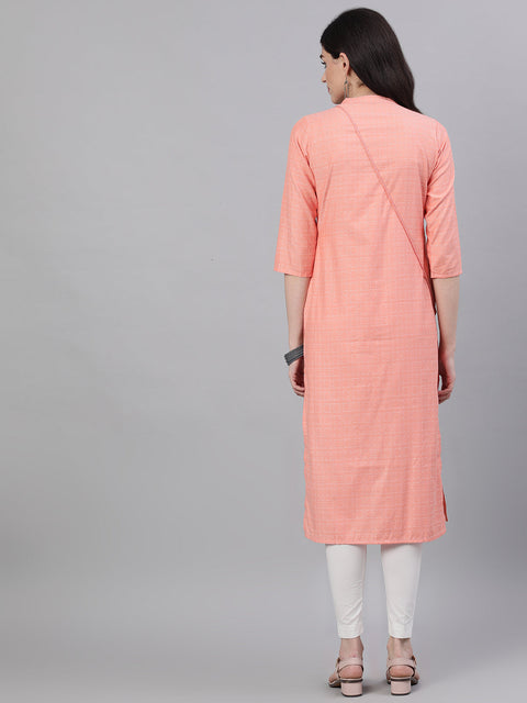 Women Peach Calf Length Three-Quarter Sleeves Straight Abstract Embroidered Viscose Rayon Kurta