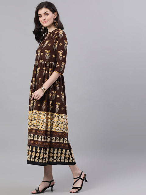Women Brown Ethnic Motifs Printed Mandarin Collar Cotton Maxi Dress