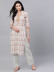 Women Off White Three-Quarter Sleeves Straight Kurta and Palazzo Set